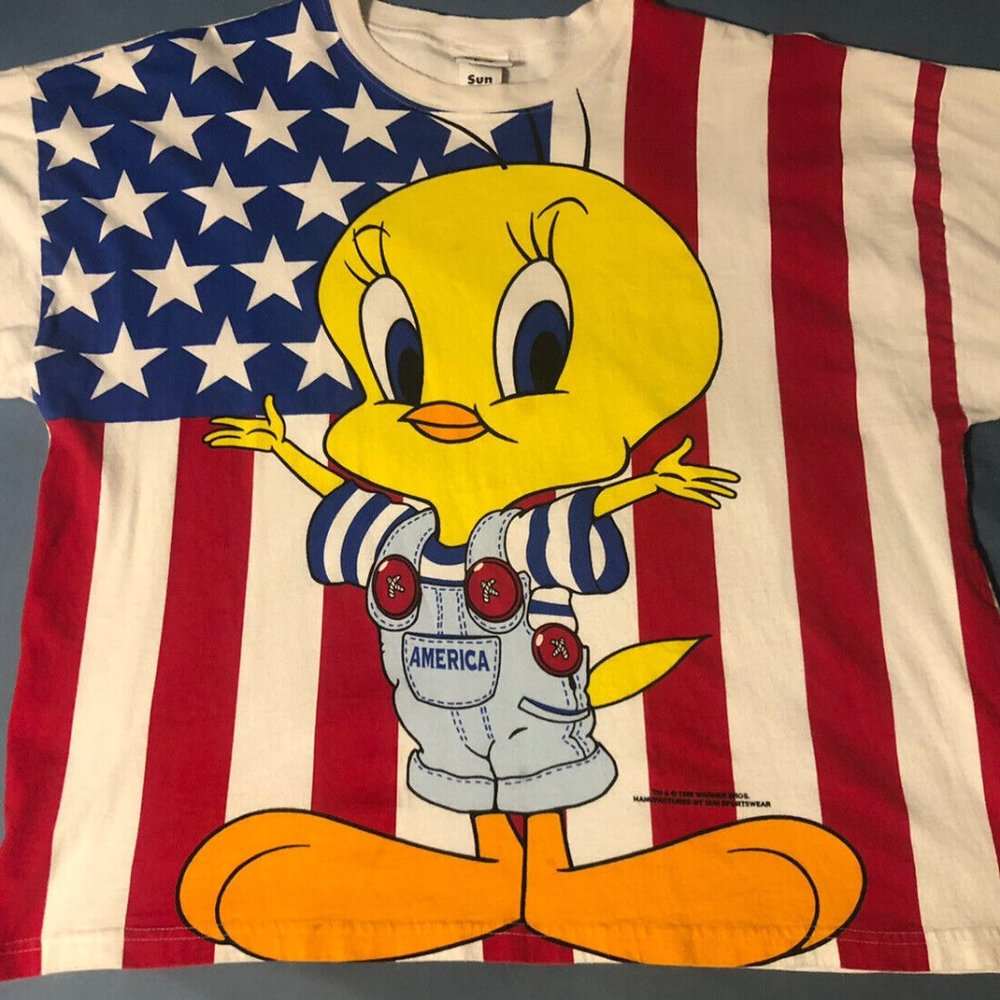 Vintage 90S Looney Tunes Tweety Bird America Flag USA Cartoon T Shirt Tee XL